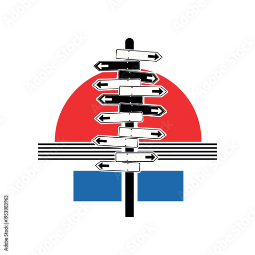 Black and white retro road sign pole overloaded with multiple directional arrows pointing in opposite directions, bold red semicircle behind like warning