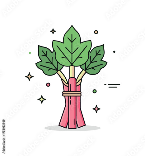 Rhubarb fresh pink stalks bundled together with broad green leaves spreading outward in a balanced badge composition. A crisp editorial scene celebrating