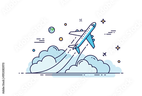 Flight illustrated through a sleek airplane ascending above soft cloud shapes, expressing freedom, travel, and global connection. The composition feels dynamic