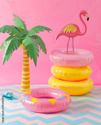 A vibrant display of inflatable swimming pool floats of various colors alongside a playful palm tree, capturing the essence of summer fun, relaxation, and poolside enjoyment.