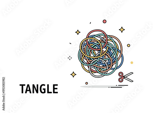 Tangle concept illustrated by a compact knot of intertwined lines forming a dense circular shape, with a small pair of scissors icon nearby symbolizing problem