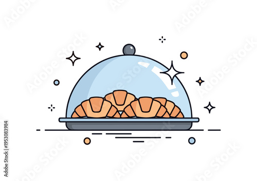 Artisan bakery arrangement single tray of croissants under a soft dome cover with subtle shine highlight, symbolizing freshness and care in presentation. A