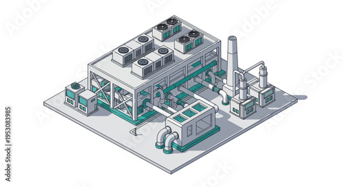 Isometric Industrial Facility with Cooling Towers and Machinery.