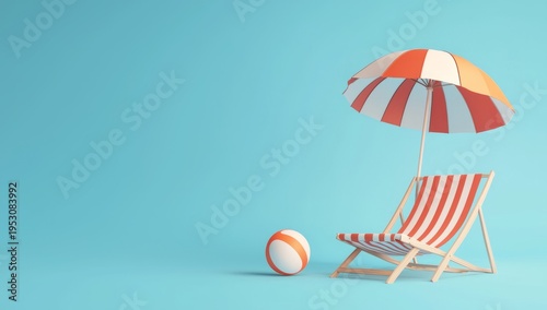 A tranquil beach setting showcasing a striped umbrella beside a classic deck chair, accompanied by a beach ball, enveloping a serene ambience perfect for summer relaxation and leisure.