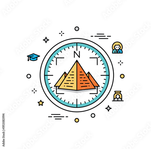 Historical discovery journey concept illustrated by a pyramid icon framed within a circular compass shape, symbolizing guided exploration of ancient