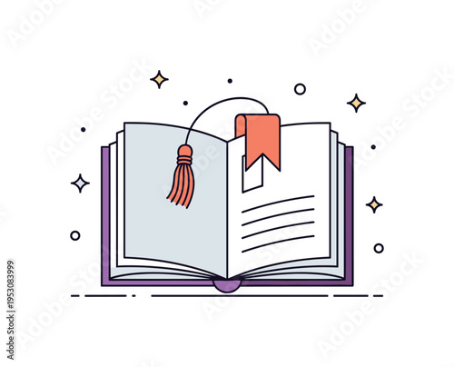 Bookmark resting on an open book with a small tassel and subtle decorative stars, conveying reading, focus, and a touch of personal style. Minimalist flat