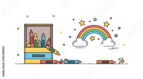 Crayons spilling from a box onto a table next to a whimsical doodle of a rainbow, stars, and clouds, conveying playful artistic exploration. Minimalist flat