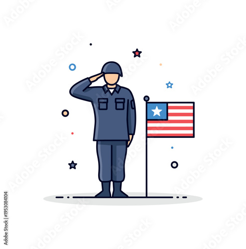 Military duty silhouette figure standing at attention beside a subtle flag icon. A respectful editorial illustration about service, honor and dedication to