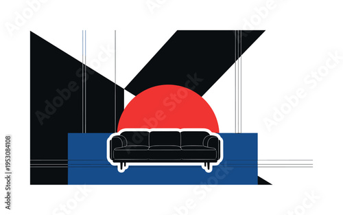 Black and white interior wall with oversized bold geometric wallpaper pattern, large flat red semicircle behind sofa silhouette for contrast, thin vertical