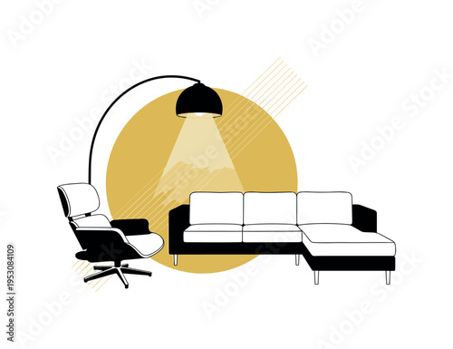 Black and white lounge chair and sectional combination with a floor lamp glowing above, combined with a bold muted yellow circular frame and diagonal lines