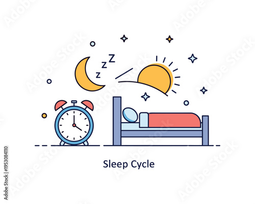 Healthy sleep schedule concept featuring a bedside alarm clock and a simple crescent moon transitioning into a rising sun icon above the bed. A neat ?Sleep