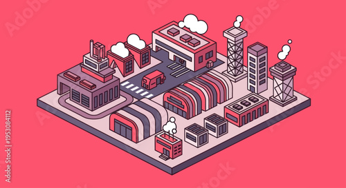 Isometric Industrial Factory Complex with Buildings and Roads.