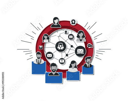Black and white group of stylized gig workers connected through floating abstract icons, bold deep red circle framing the network, cobalt blue blocks anchoring