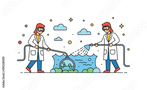 Scientists applying environmentally safe treatments to a water body to reduce algae concentration, emphasizing responsible algal bloom management. Minimalist