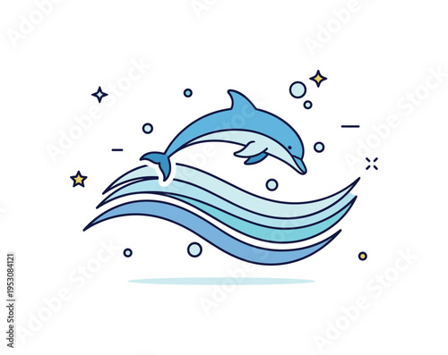 Dolphin under calm waves single dolphin arcing gently beneath smooth layered wave shapes with subtle bubbles around. A serene editorial badge expressing