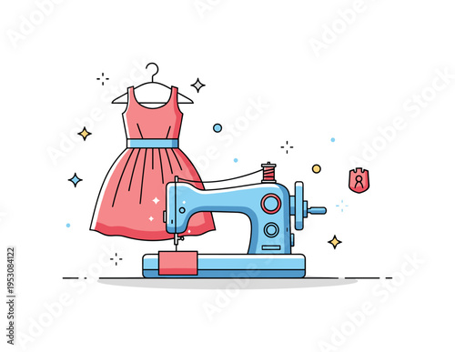 Fashion atelier atmosphere sewing machine positioned beneath a hanging dress silhouette with subtle sparkle accents. A refined editorial illustration
