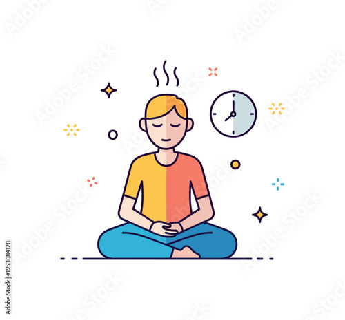 Mindful pause seated figure with closed eyes and subtle breathing lines rising gently, small clock icon nearby. A refined visual metaphor for slowing down and