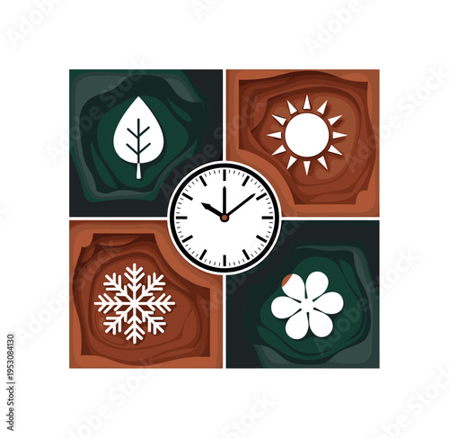 A black and white vintage clock centered in composition, its hands extending into bold geometric lines dividing the space into four seasonal quadrants, each