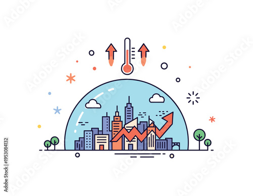 Urban heat island effect concept showing a minimal city skyline under a transparent heat dome with rising temperature arrows, symbolizing concentrated warming