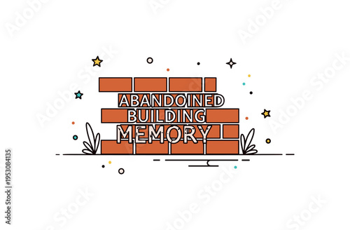 Abandoned building faded lettering theme featuring a simple brick wall silhouette with barely visible painted words, symbolizing memory and urban history. The
