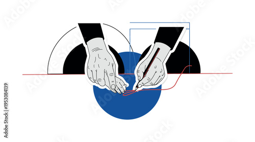 Black and white elderly hand guiding child?s hand while drawing, large deep blue circle centered beneath symbolizing foundation of wisdom, thin red diagonal