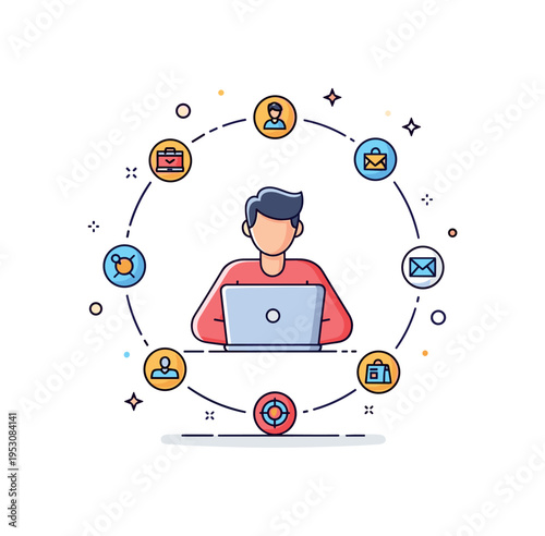Independent contractor multitasking scene featuring a single figure working on a laptop surrounded by small floating task icons forming a balanced circle. The