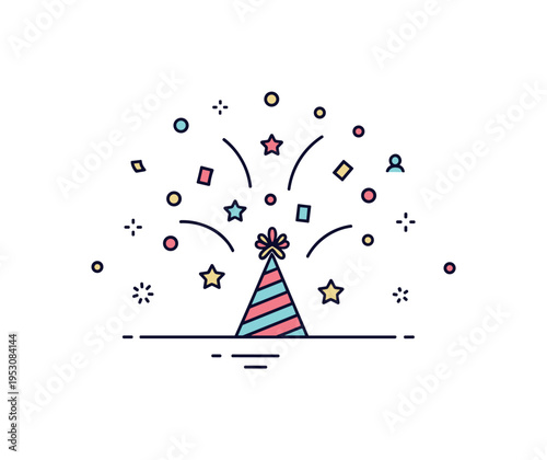 Celebration joyful moment featuring colorful confetti bursting around a small party hat and star accents, expressing excitement, happiness, and shared success.