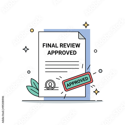 Final review approved theme centered on a document with an approved stamp and subtle sparkle details, expressing validation and successful evaluation. The