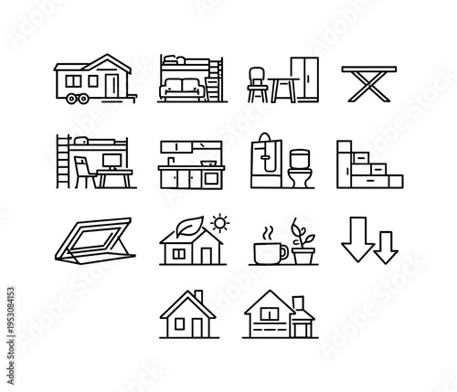 Tiny Living. Line icon set of Tiny Living: tiny house exterior, compact home interior, minimal furniture, foldable table, loft bed, small kitchen, compact