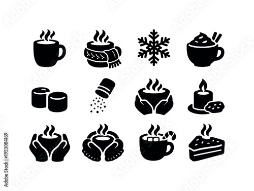 Cozy Winter Drink. Solid icon set of Cozy Winter Drink: warm mug, steam waves, knitted scarf, snowflake accent, hot chocolate cup, marshmallow pair, cinnamon