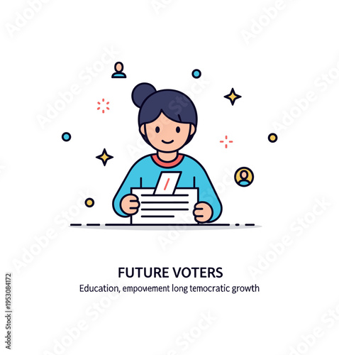 Youth civic participation theme illustrated through a young figure holding a ballot with small star accents around. A short ?Future Voters? text detail