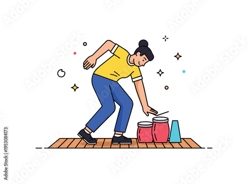 Tap dance moves with a performer striking rhythmic patterns on wooden floorboards, emphasizing precision, musicality, and playful energy. Minimalist flat