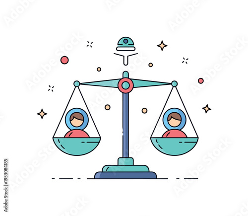 Bias reduction in hiring shown through balanced scales with two identical profile icons and a subtle algorithm symbol above, communicating fairness and