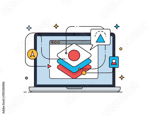 Digital creativity process represented by a laptop screen with layered design elements smoothly connected by curved lines. The scene communicates modern