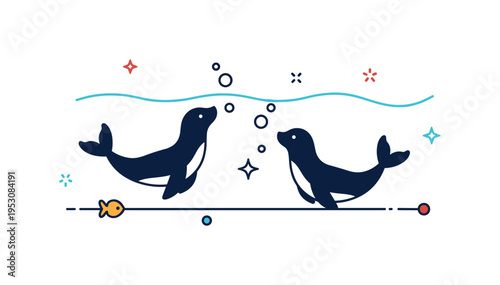 Underwater play scene featuring simplified silhouettes of a seal and sea lion swimming beneath a soft wave line, accompanied by small bubble icons for depth