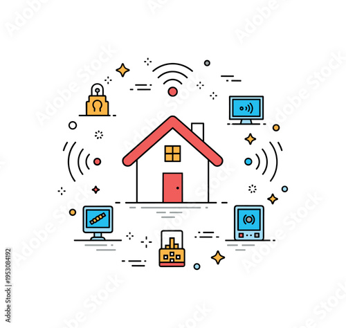 Smart home wireless integration theme illustrated by a house icon surrounded by small connected device symbols and subtle signal waves, expressing synchronized