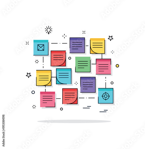 Sticky note ideas cluster of small colorful notes arranged in balanced square with subtle connecting lines. A playful visual metaphor for organizing thoughts
