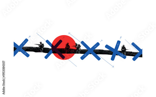 Black and white wide composition of trench line with soldiers spaced along it, bold red circle anchoring one side as focal point, blue abstract cylindrical