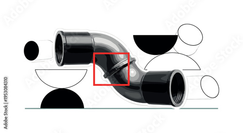 Black and white pipe elbow joint duplicated slightly offset to create layered depth, bright red square intersecting midsection for emphasis on problem area,