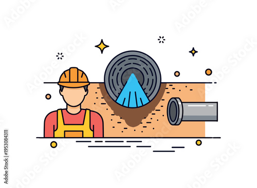 Sewer maintenance operation illustrated by a simplified worker silhouette beside a manhole and pipe symbol, representing inspection and upkeep of underground