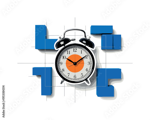 Black and white alarm clock viewed from slightly above, vibrant orange circle centered behind the clock hands, cobalt blue angular blocks arranged