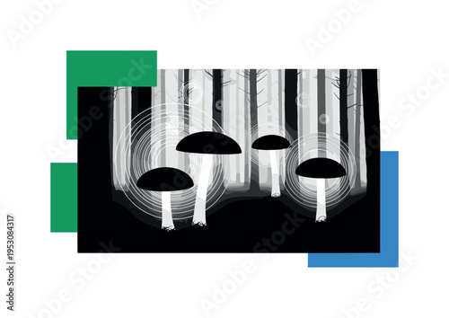 Black and white forest scene with glowing mushrooms simplified into abstract cylindrical shapes, concentric circles spreading softly into the air, emerald