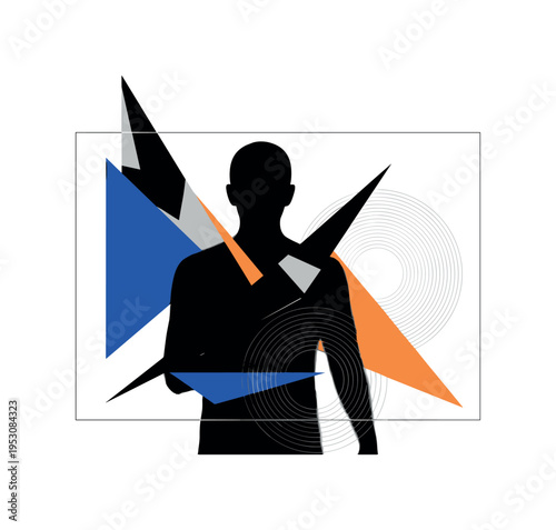 Black and white human shadow projected larger than the actual figure, sharp angular blocks and concentric rings amplifying presence, flat cobalt blue and warm