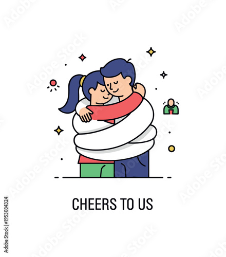 New Year greeting hug featuring a pair of figures wrapped in a friendly embrace with tiny sparkle accents around them. A compact ?Cheers to Us? caption