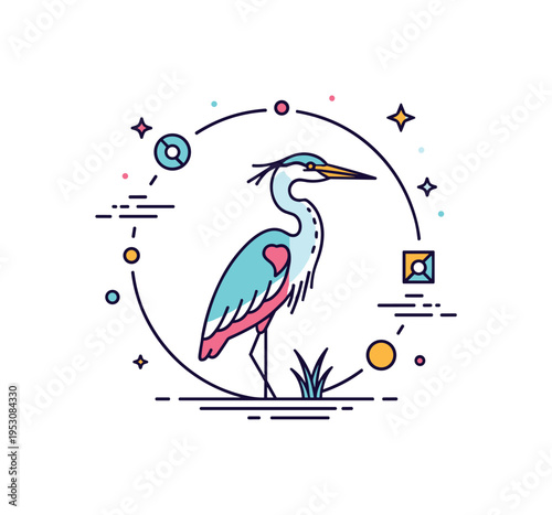 Elegant heron emblem featuring a stylized bird standing upright within a soft circular frame, symbolizing grace, patience and wetland beauty. The cohesive