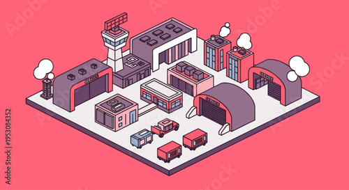 Isometric Industrial Factory Complex with Vehicles and Buildings.