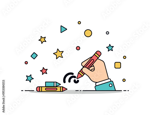 A cheerful scene of a small hand drawing with crayons while surrounded by scattered stars and shapes, highlighting creativity, playfulness, and imagination.