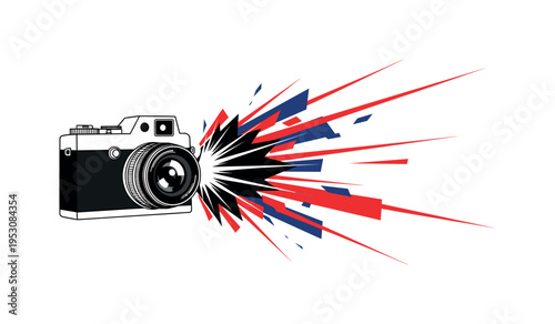 Black and white retro camera with a dramatic flash burst exploding forward, bold red and deep blue flat geometric shapes radiating from the lens, sharp linear