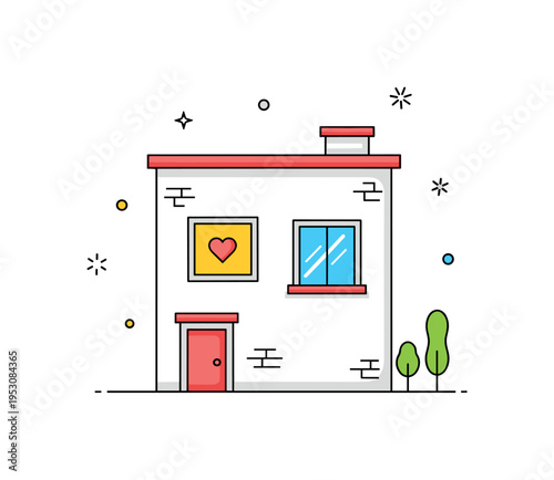 City resident lifestyle theme showing a minimal apartment building facade with one highlighted window and a tiny heart accent, symbolizing home within urban