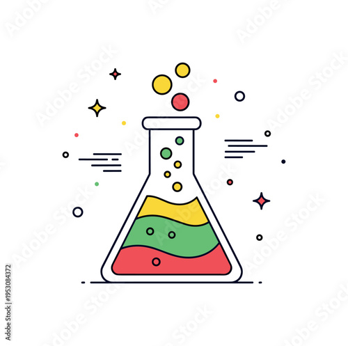 Color change experiment beaker with layered liquids shifting from one bright hue to another, expressing measurable results and visible reactions. A lively